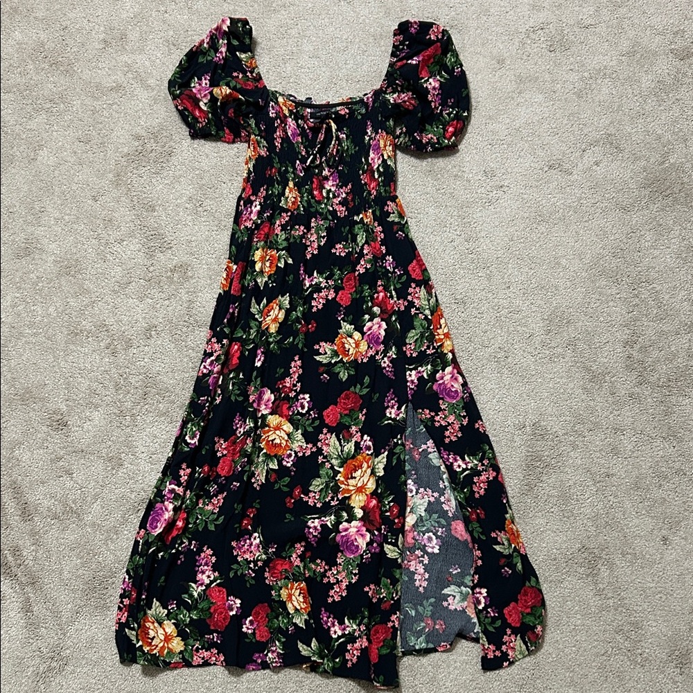 Olivaceous Black Floral Midi Dress with Multicolor Blooms